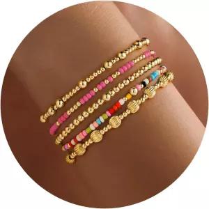 여성 소녀 발렌타인 선물용 투란도스 골드 구슬 팔찌 - 헤이시 클레이 14K 도금 터쿼이즈 크로스 진주 세트