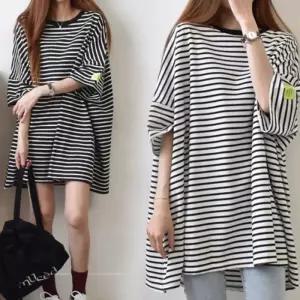 [라일리여성의류] Rly 오버핏 스트라이프 칠부 반팔티 롱티셔츠