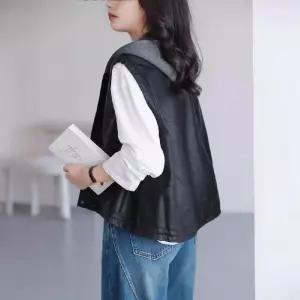 여자 캐주얼 가죽 나시 조끼 스트링 후드 원픽1