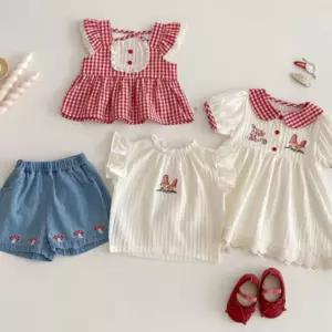 여아 아동 데일리 레드 체크 프릴 나시 블라우스