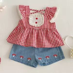 여아 아동 데일리 레드 체크 블라우스 반바지 세트