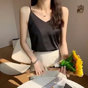 3컬러 브이넥 실키 고급스러운 끈나시 새틴민소매티 (KYR-WFIGD93)