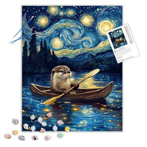숫자 키트의 수달 보트 페인트, 별이 빛나는 하늘 집 장식용 동물용 재미있는 아크릴 페인트(16 20인치, 프레임 해제)