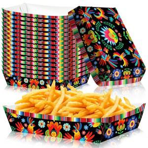 30팩 피에스타 멕시칸 푸드 트레이, 플로럴 및 세라페 스트라이프 디자인 일회용 종이 서빙 용기 보트, 타코 나이트, 나초, 감자튀김, 팝콘, 스낵, 신코 데 마요 생일 파티 용품