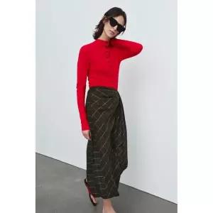 ZARA ZW 컬렉션 체크 드레이프 스커트 - 브라운 {QHJ}