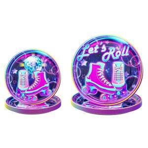 블루 오차드 롤러 스케이팅 디너 및 디저트 접시(16명의 손님을 위한 32개) - 파티, 90년대 파티 용품, 스케이트 접시 냅킨, 소녀를 장식