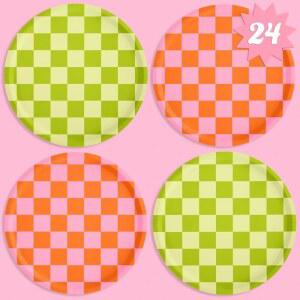 xo, 페티 핑크 + 그린 체크무늬 종이 접시 - 24 pk, 9