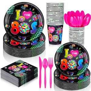Yungyan 252개 레트로 80년대 접시와 냅킨 세트 1980년대 파티 장식이 마음에 듭니다. 접시 컵 나이프 스푼 포크 네온 식기 용품은 36명의 손님에게 제공됩니다