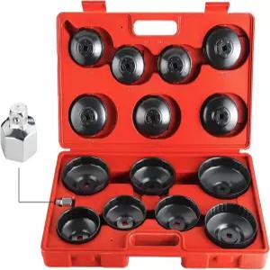 웨일리티 15PCS 오일 필터 캡 렌치 도구 유니버설 컵 타입 소켓 제거 세트 3/8인치 드라이브 캐니스터