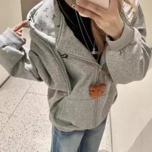 [라일리의류] Rly 강아지 자수 패턴 루즈핏 얇은 회색 후드집업 긴