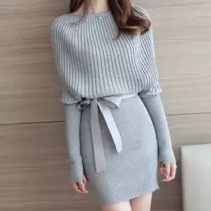 여성스러운 니트 숄더 원피스 체형커버 러블리캐쥬얼 벨트 미니 겨울