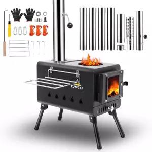 쿵카 블랙 우드 버닝 텐트 스토브 7 섹션 스테인리스 굴뚝 캠핑 사냥 얼음 낚시를 위한 휴대용 핫