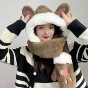 [알티피아]따뜻한 토끼 귀 일체형 후드 머플러 겨울용 후드 목도리 장갑