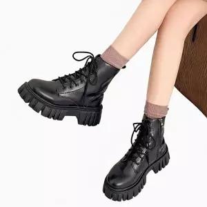 여성 신발 레이스업 통굽 워커 발목 슈즈