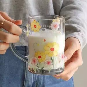 빈티지 유리컵 플라워 패턴 음료잔 커피 머그 400ml 옐로우
