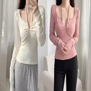 홀터넥 딥 U넥 셔링 슬림핏 긴팔 티셔츠 청순 섹시 (KYR-WD0CE2F)