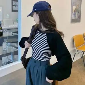 여성 크롭긴팔티 스트라이프 일체형 2컬러 볼레로나시 (KYR-WCE37E3)