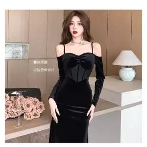 손오공 치마 여사친 가을 데일리룩 플리츠 드레스 머메이드 섹시 쉬폰 레이스 크로스 오프숄더 슬림 키작