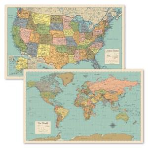 2팩 - 세계 지도 포스터 및 차트 [Tan / Color] 라미네이트, 18 u201D x 29