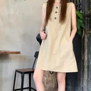LN 포켓 버튼 미니 앤 롱 원피스 치마 여름 민소매 여성 나시 단추 면원피스