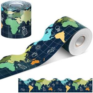 믹스위어 65피트 세계 지도 게시판 테두리 스캘럽 롤드 보더 트림 장식 교실 포스터 칠판 학교 사무실 홈용