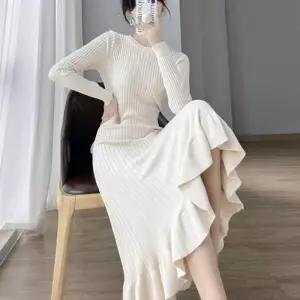 니트 골지 레이스 롱원피스 NM-0199 심플 여성 여자 긴팔