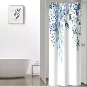 후크가 달린 화려한 스타 블루 유칼립투스 방수 샤워 커튼 세트 미니멀리스트 수채화 플로럴 프린트 욕실