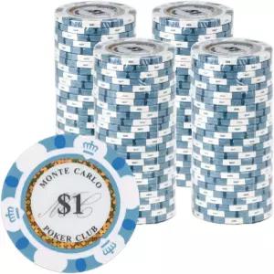 게이머 라운지 몬테카를로 14그램 포커 칩(100팩) - 프리미엄 헤비급 클레이 컴포지트($1 화이트)