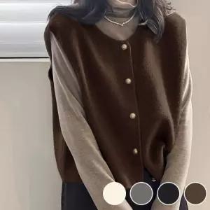 여성 간절기 패션 라운드넥 금장 버튼 포인트 베스트단추조끼 루즈핏 레이어드 정장코디 하객룩 간베스트