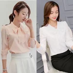 리본 V넥 간절기 블라우스 셔츠화이트 실크 퍼프 브이 새틴 셔링 흰색 흰블라우스 린넨 면블라우스 여자 가