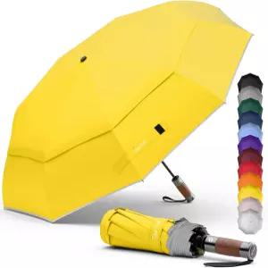 로얄 워크 방풍 접이식 여행 우산 컴팩트하고 강력한 고급스러운 리얼 우드 핸들 자동 개방 밀폐형 이중