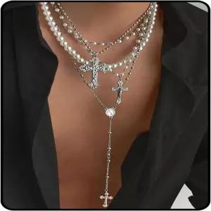 여성용 TMDSHS 실버 레이어드 크로스 목걸이 세트 4Pcs 진주 로사리 초커 청키 크리스찬 펜던트 빈티지 롱
