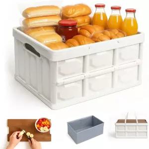 접이식 피크닉 바구니 2인용 세트 - 방수 가방과 나무 뚜껑이 있는 단열 플라스틱 야외 캠핑 홈 정리를