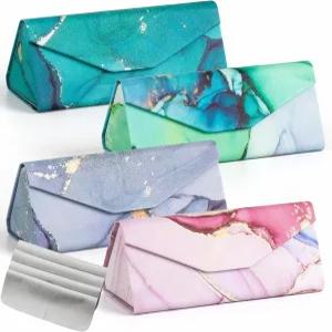 퍼스트젤 4팩 하드쉘 선글라스 케이스 마그네틱 접이식 안경 청소복 4벌을 착용한 여성 남성용 휴대용 PU