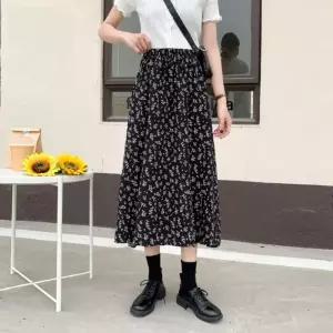 하체커버 허리밴딩 예쁜 꽃 나무잎 패턴 A라인 스커트가을치마 여름 쉬폰 플라워 플라워롱 롱스 쉬롱 치마