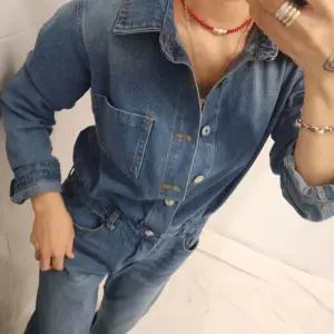 여성 워싱 와이드 데님 점프수트 긴팔 청바지