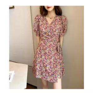 플라워 A라인 랩원피스 UC-0119 쉬폰 꽃원피스 프릴 무늬 미니 A원피스 브이넥