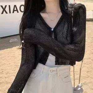 여리핏 망사 크롭 볼레로 가디건 브이넥 슬림긴팔 시스루 그물 썸머 쿨링 비치웨어 바캉스룩 페스티벌 레이