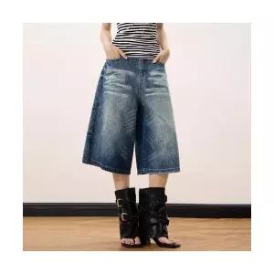 남사친 팬츠 데님 붐 워싱 쇼트 하이 반 스트릿 구제 와이드 나염 데님반바지 7부 스포M1