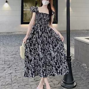 스모크밴딩 롱 원피스 잔꽃무늬 여름 드레스 나시프릴 끈원피스 휴양지 서스펜더 플레어 민소매 스퀘어넥