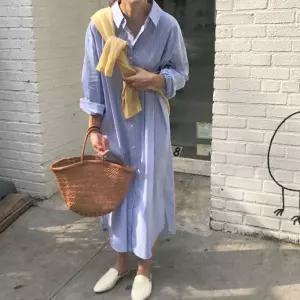 스트라이프 셔츠 롱원피스 루즈핏 체형커버 양포켓 봄가을 데이트룩 나들이편한 블루 여성 루즈 긴팔