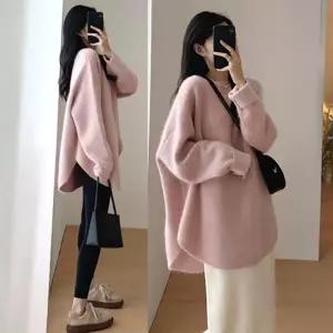 여성 라운드넥 모던 반시니 롱 니트울니트 울스웨터 울니트 오버핏 오버 루즈 겨울 핑크색 니트티