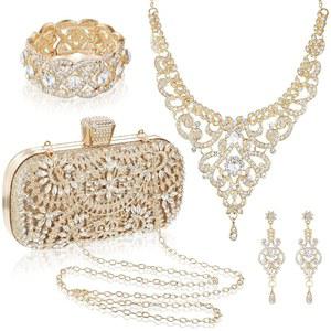 Quelay 4개 지갑 라인스톤 주얼리 세트 이브닝 클러치 백 블링 크리스탈 목걸이 당글 귀걸이 팔찌 악세사리