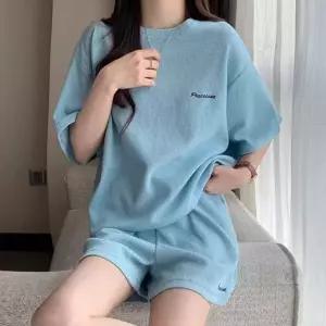 벌집 패턴 반팔 티셔츠 반바지 세트 루즈핏 오버 여성 여름 캐주얼 트레이닝 루즈 여름옷 홈웨어 파자마 라