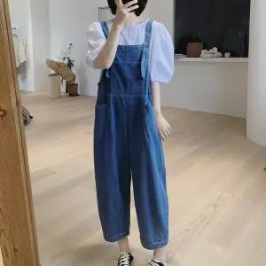 여성바지 데님 멜빵바지 루즈핏 하이웨스트 9부 와이드 팬츠 카고 점프슈트 심쿵직구