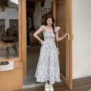 원피스 여름 스모크밴딩 비치룩 어깨 프릴 여성원피스 심플원피스 반팔롱원피스