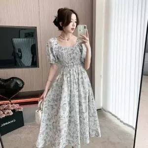 비치룩 플라워패턴 퍼프소매 원피스 바캉스룩 러플 여성원피스 심플원피스 반팔롱원피스