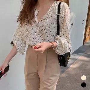 여성 땡땡이 미니 블라우스 토트 라운드넥 손목 밴딩리본 배색 긴팔 브이 직장인 예쁜 셔츠 여자 셔링 카라