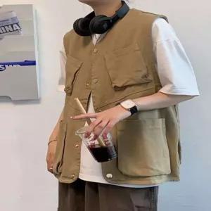 일본 작업복 조끼 카키 캐주얼 기능성 루즈핏