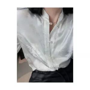 여자 여성 빈티지 무지데님 셔츠 하이넥 새틴 스몰 긴팔 쟈가드 진주 단추 CH5